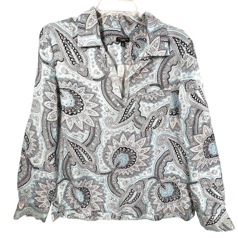 Talbots Paisley Silk Blouse Sz 8 Long Sleeve Turquoise Blue Retro V-Neck Collar